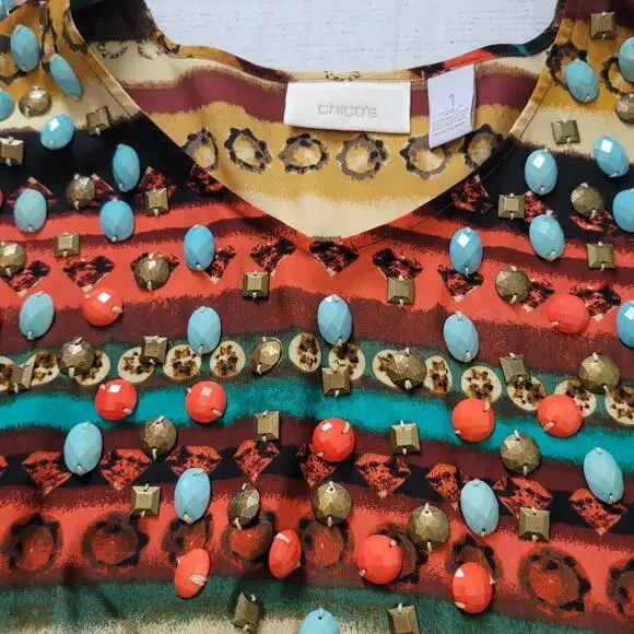 Chico's Size 1 US M Southwest Art to Wear Rock Embellished Gathered Waist Top - Picture 2 of 11